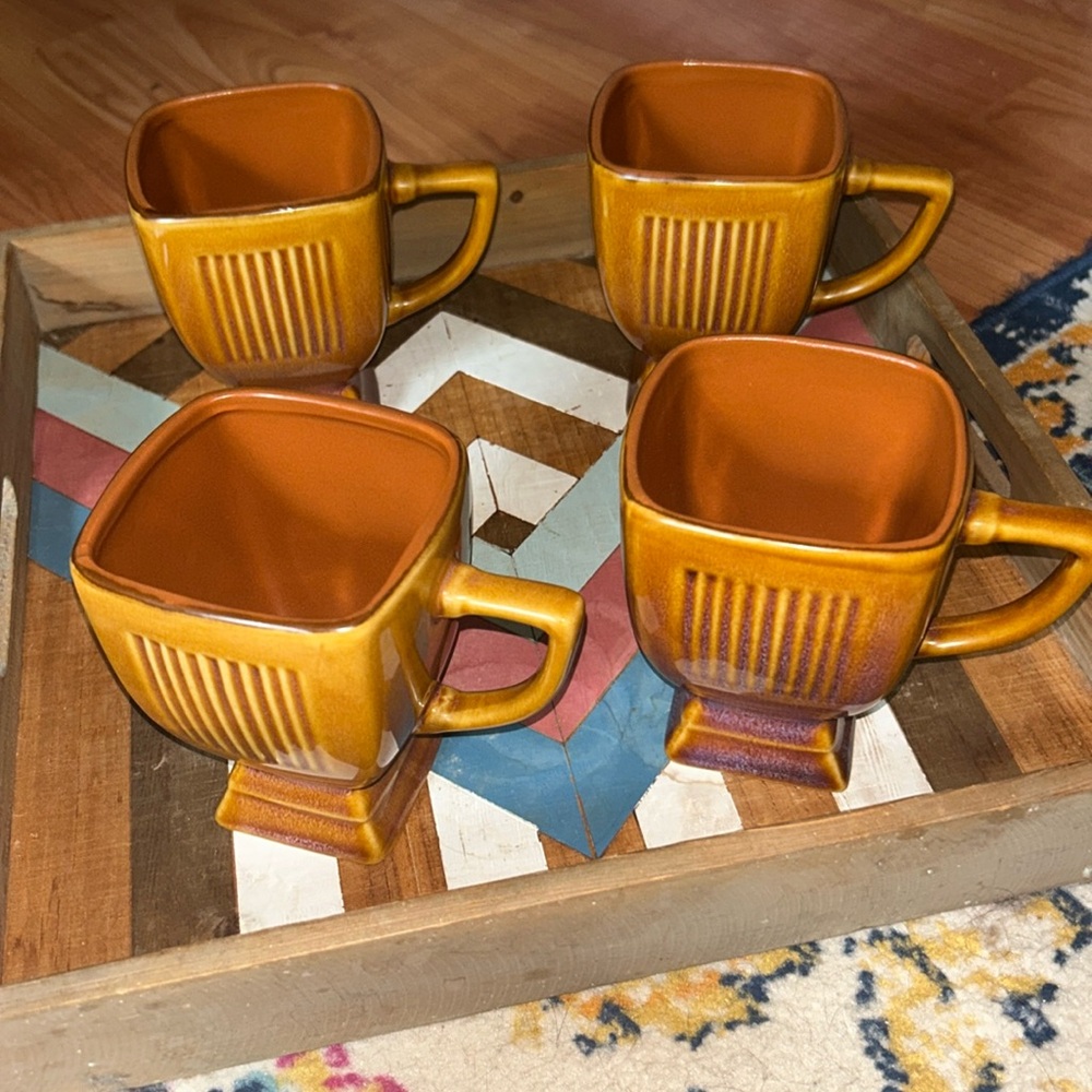 Style Eyes By Baum Bros Vintage MCM Stoneware Mugs Terra Cotta Gradient Brown